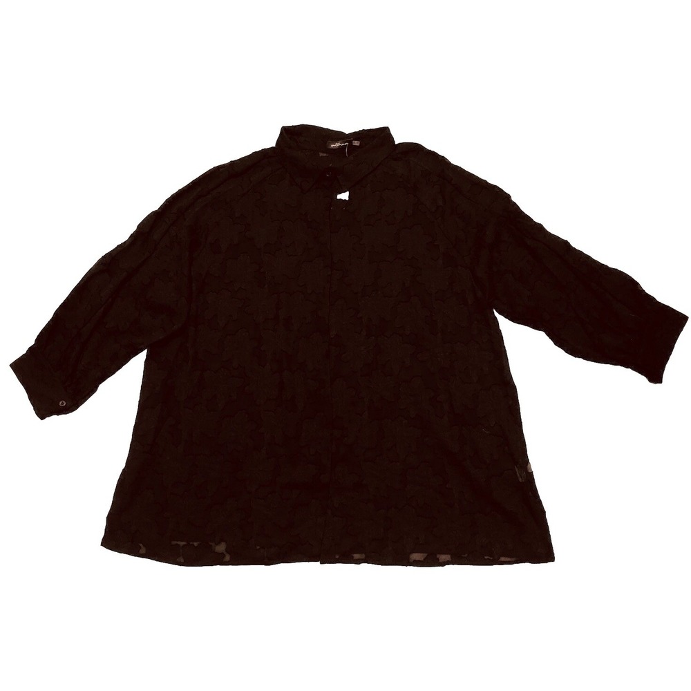 Good Time‎ USA Blouse Women's 3XL Black Floral Sheer Roll Tan Dolman Sleeve NEW